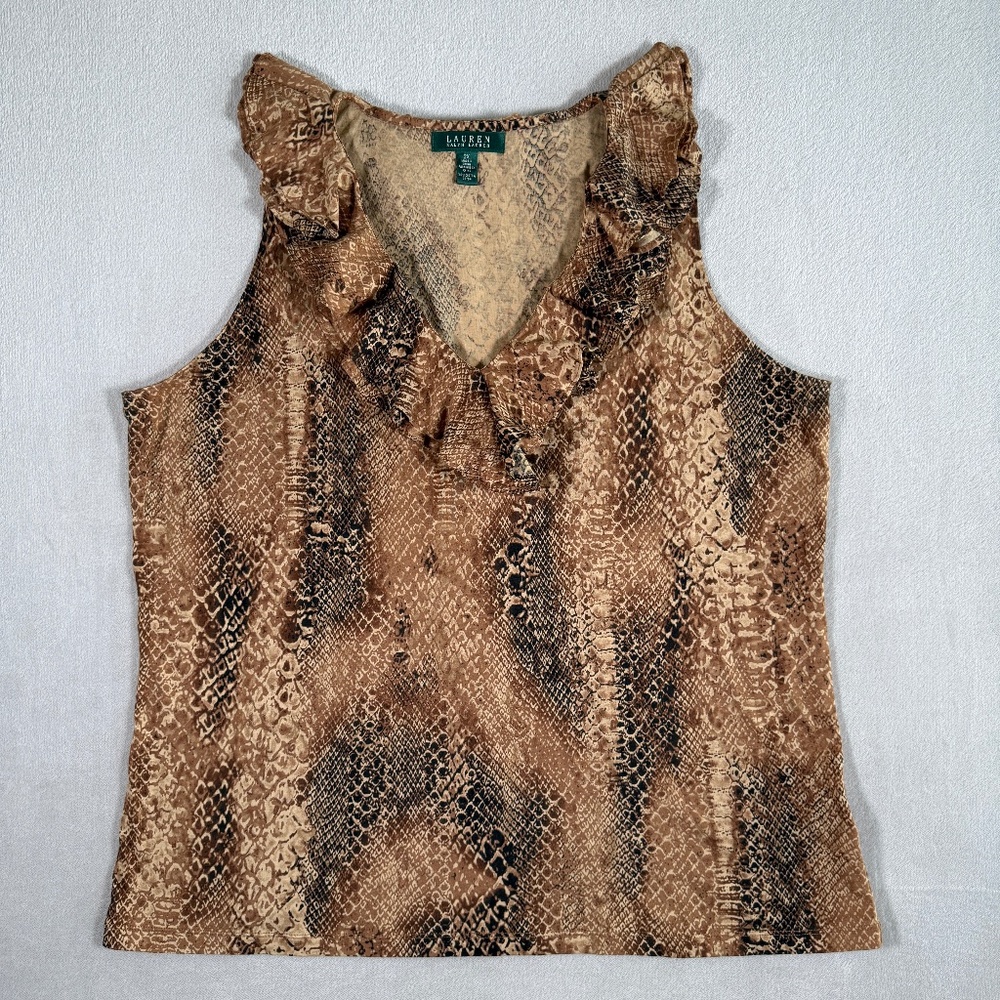 Ralph Lauren Top Womens 2X Brown Snake Print Ruffle V-Neck Sleeveless Tank